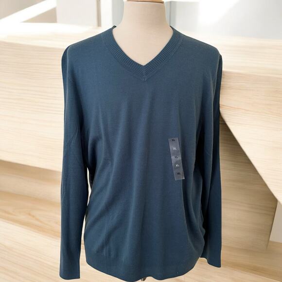 ALFANI Merino Men Green Lightweight Wool Blend V-Neck Sweater Size XL NWT - Picture 1 of 8